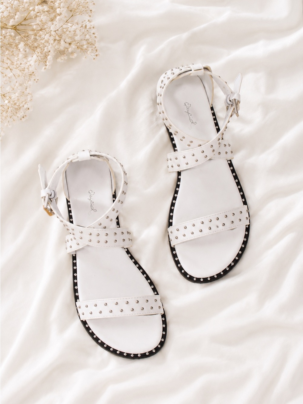 White sandals studded strappy buckle flat